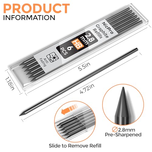 Nicpro Carpenter Pencil Lead Refills 2.8mm, 60 Pieces Black - color: Black, size: 60 Piece