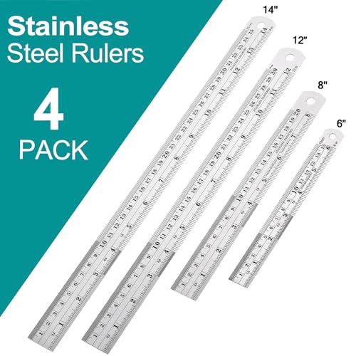 Metal Rulers, Steel Rulers Pack of 4, 6, 8, 12, 14-inch Stainless Steel Ruler