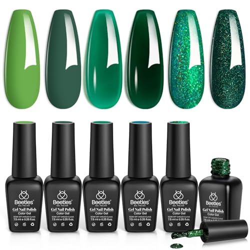 Beetles Green Gel Polish Set - 6 Color Jelly Glitter Sparkle Gel Nail Polish Set, Soak Off UV Nail Lamp Avocado Dark Carnival Nail Art Design Home Salon Gifts for Women - color: A-Mixed Finishes | Green Teal