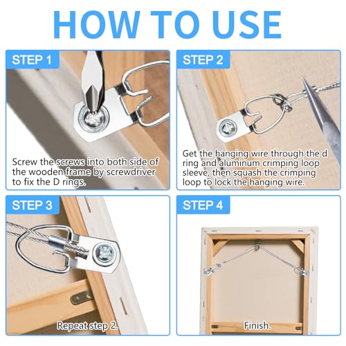 92PCS Picture Hanging Kit - 30 Feet Braided Hanging Wire, 30Pcs D Ring Picture Hangers with Screws and 30Pcs Aluminum Crimping Loop Sleeve for Canvas Paintings, Photo Frames