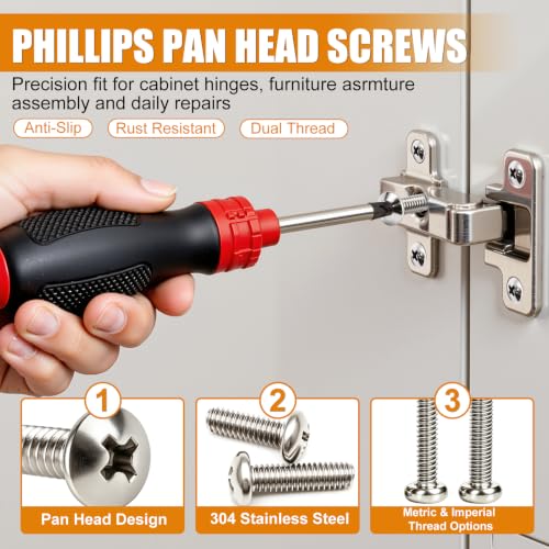 mankk 408PCS Machine Screws Assortment Kit, SAE & Metric Nuts Bolts - size: SS #6/#8/#10&M3/M4/M5, style: Phillips Pan Head