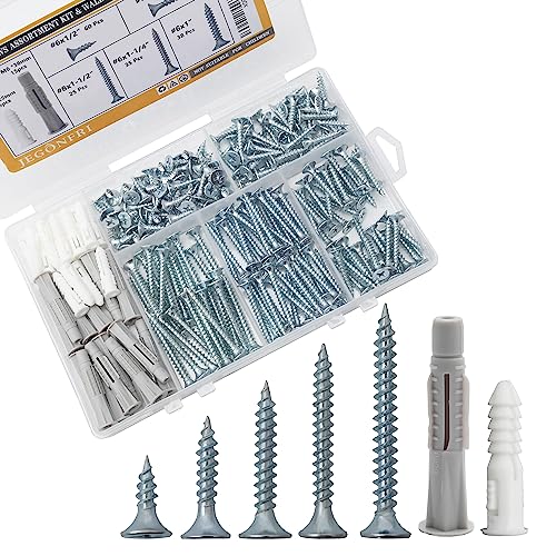 JEGONFRI 203PCS 5 Sizes Wood Screws Assortment Kit & 30pcs Wall Anchors