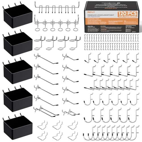INCLY 120PCS Pegboard Accessories Organizer Kit with Peg Borad Hooks & Bins - size: 120 PCS