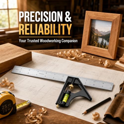 12 Inch Combination Square – Adjustable Carpenter Square with Stainless Steel Ruler, Aluminum Head, Bubble Level & Scriber – Metric/Inch Scale, 90° & 45° Layout Tool for Woodworking, Framing & DIY