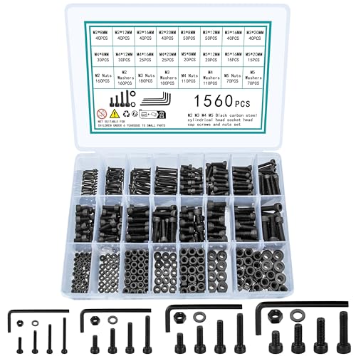 1560 Pcs M2 M3 M4 M5 Screws and Nuts, Assorted Bolts and Nuts Assortment, Hex Socket Head Cap Screws Bolts and Nuts Set, Black Metric Machine Screw Assortment Kit - size: M2, M3, M4, M5