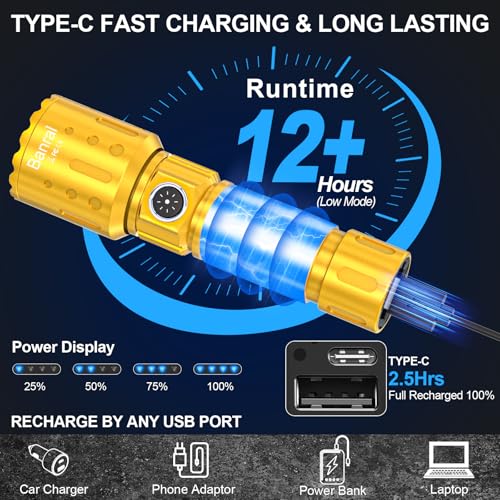 Rechargeable Flashlights High Lumens,Super Bright Small Powerful Flashlight - color: Yellow Gold