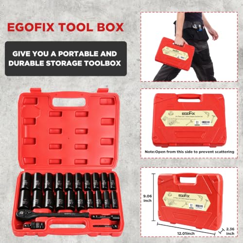 24 Piece 3/8" Socket Ratchet Wrench Set, Deep SAE (7/16 to 1 inch) and Metric (13-19mm, 21, 22, 24mm) 6 Point, with Ratchet Handle, Extension Bar, Adapter, Impact Universal Joint, Storage Box - color: 3/8-24pcs