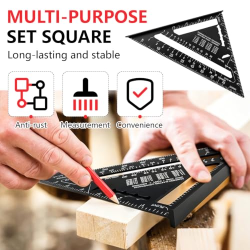 Aluminum Alloy Rafter Square 7 Inch, Carpenter Square Layout Tool with Laser-Etched Scale, Woodworking Triangle Ruler for Carpenters Craftsmen, Multi-Angle Protractor (Red) - color: Red