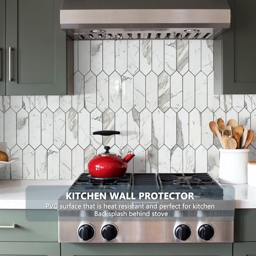 Vamos Tile Glossy Carrara White Backsplash Tile Peel and Stick, 12.8 x 12.8 Inch 10 Sheets Long Hexagon PVC Self Adhesive Mosaic Wall Tiles Stick on Backsplash for Kitchen and Bathroom - color: Glossy Carrara White with Dark Gray Grout