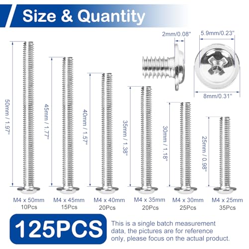 125Pcs Cabinet Pulls Knobs Screws Assortment Kit, M4 x 25/30/35/40/45/50mm - size: M4 x 0.98/1.18/1.38/1.57/1.77/1.97"