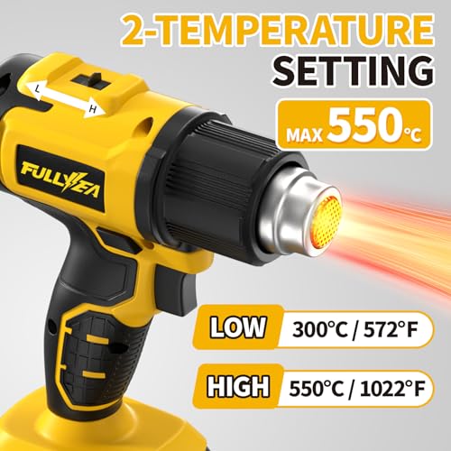 FULLYEA Heat Gun Cordless, Max 550℃ Portable Heating Gun, 2-Temperature Setting, Small Hot Air Guns with 2 Batteries & 5 Nozzles, Wireless Heat Gun Kit for Paint Removal, Shrink Tubing, DIY Gift