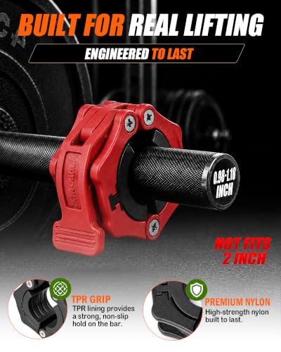 MAXRICH Ultra-Thin 1-Inch Barbell Clamps, Quick Release Weight Clips for 23–30mm Bars, Secure Barbell Collars for Home Gym - color: Red