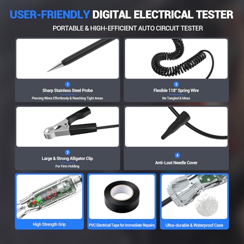 Automotive Test Light VDIAGTOOL P60 3-70V LED Digital Voltage Display, Circuit Tester with Voltmeter & Dual Polarity Indicator Light, Tester Electric, Bidirectional Voltage Tester w/Stainless Probe
