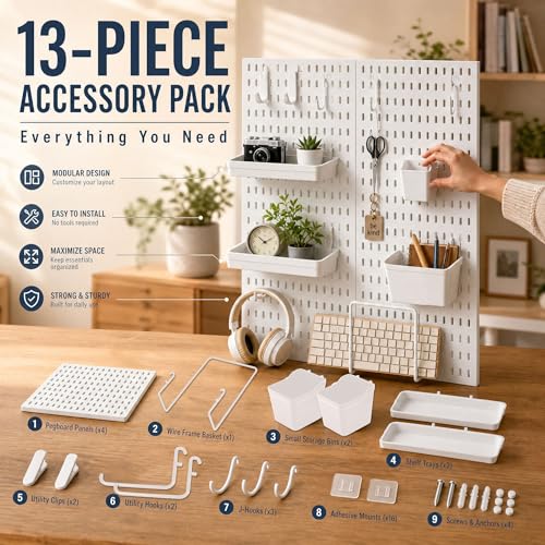 AKTOP Plastic Peg Board Wall Organizer 4-Pack, 12"x12" Pegboard Kit, White - color: 12inch Pegboard Kit-White