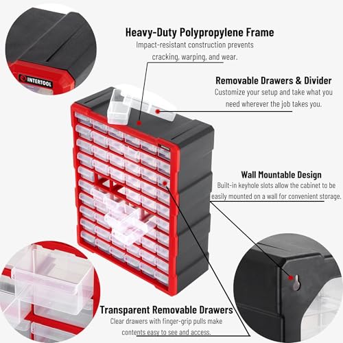 INTERTOOL Small Parts Organizer for Hardware & Screws | 60 Removable Bins with Dividers | Wall Mount or Desktop Craft & Lego Storage Cabinet | 19” x 15” x 6” BX08-4016 - style: 60 Drawers