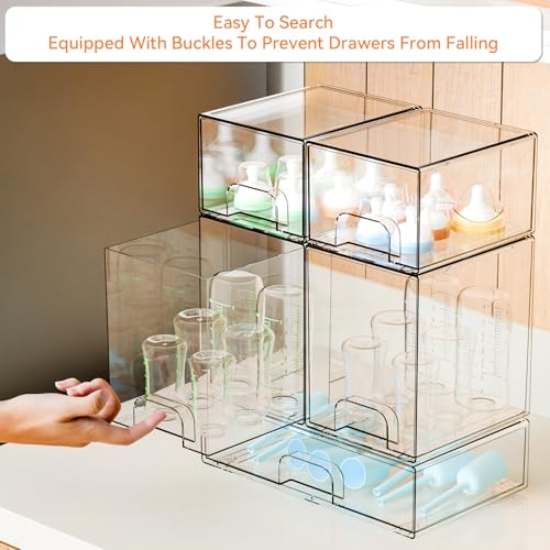 Yieach 5 Set Clear Baby Bottle Organizer for Countertop,BPA FREE Bottle Station Organizer for Breast Pump Parts,Pacifier and Baby Accessories,Stackable Drawers for Bathroom,Cabinet,Pantry Organization - style: 5 PACK