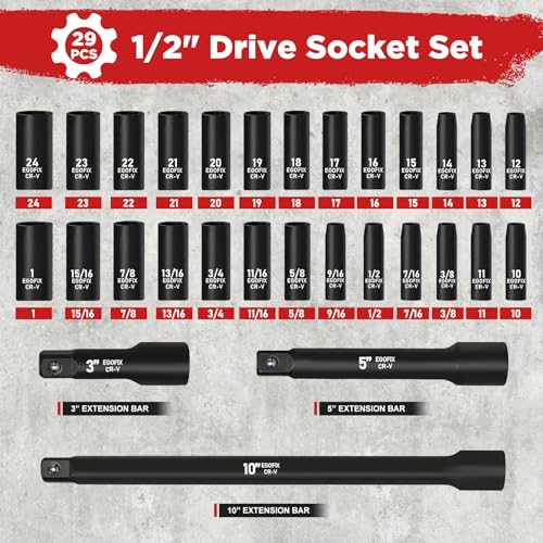 29 Pieces 1/2" Socket Set, Drive Deep Impact Socket Set with 3", 5", 10" Extension Bars, 6 Point SAE and Metric (3/8"-1", 10mm-24mm), Cr-V Steel - color: 1/2-29pcs