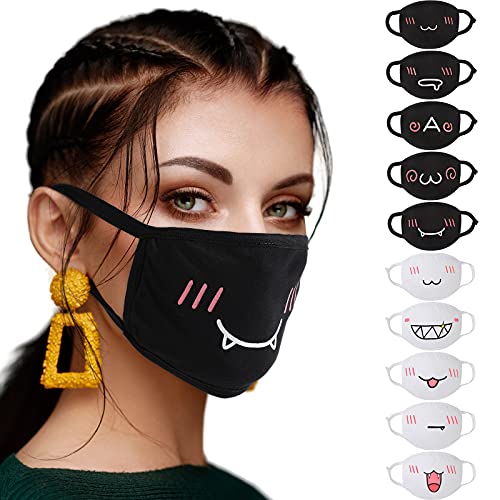Zhanmai 10 Pieces Kawaii Mask Anime Face Mouth Mask Cute Mouth Covering Reusable Washable Mouth Mask, Black and White