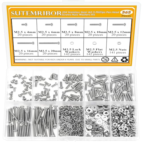 565 Pieces M2.5 Machine Screws Nuts Washers Set, Sutemribor M2.5 x 4/6/8/10/12/16/20mm Phillips Pan Head Machine Screws Nuts Washers Assortment Kit, 304 Stainless Steel, Fully Threaded - size: M2.5, style: Phillips Pan Head