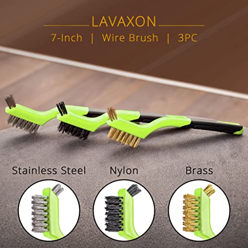 Lavaxon Wire Brush Set 3Pcs - Nylon/Brass/Stainless Steel Bristles with Curved Handle Grip for Rust, Dirt & Paint Scrubbing with Deep Cleaning – 7 Inches (Green) - color: Green