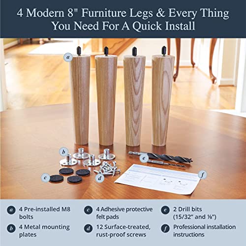Airy Abode Premium Ash Wood Furniture Legs (Full Install Kit) - Pick Your Size and Color - color: Ash, size: 8 Inches