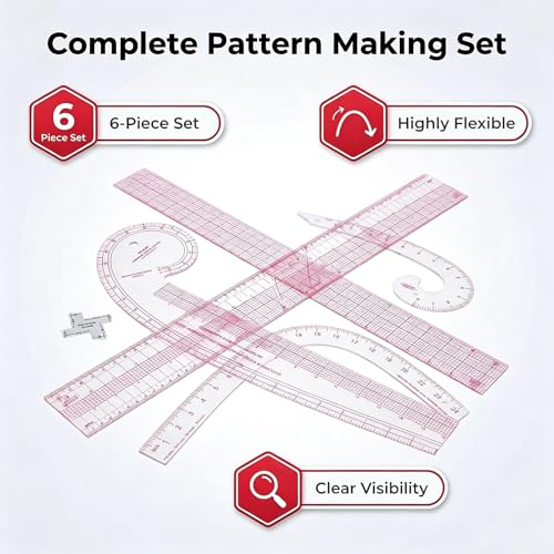 Sewing Rulers,Clear Metric French Curve Sewing Rulers Set for Pattern Making Drafting,Quilting,Clear Plastic Fashion Designer Ruler Kit in Inches， 6PCS - color: 6-piece Set