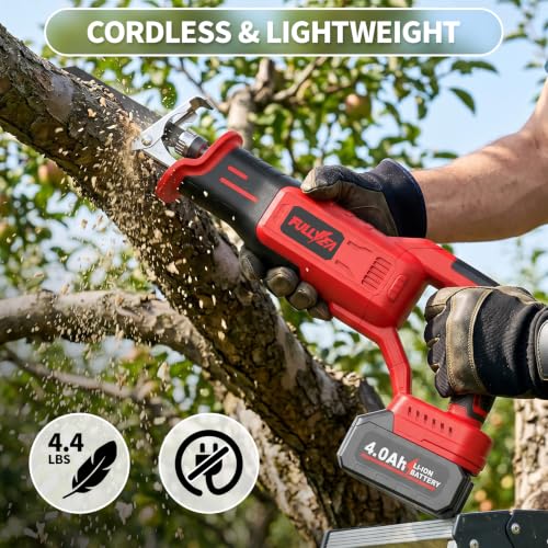 FULLYEA Reciprocating Saw Cordless, 3500 SPM Brushless Reciprocating Saws, Tool-Free Blade Change, Power Reciprocating Saws with 2*4.0Ah Battery & Charger, Cordless Saw for Wood/Metal/Plastic Cutting