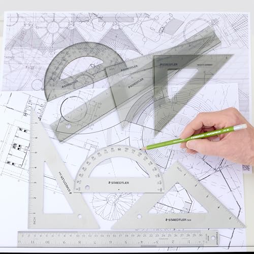 STAEDTLER College Combination Set - Triangle, Protractor & Ruler Set, Transparent Smoke Plastic with Beveled Edges, 4-Piece Set