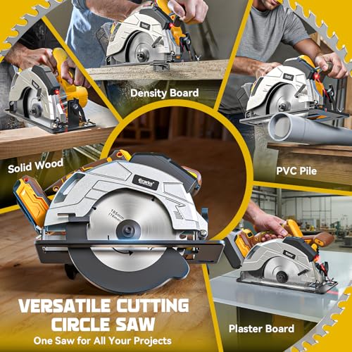 Ecarke 7-1/4" Cordless Circular Saw, Compatible with DeWalt 20V Battery, 5000 RPM Electric Circular Saw with Laser Guide, 2 Blades (24T & 40T), 0–45° Bevel, 2-1/4" Cutting Depth (Tool Only) - color: Yellow
