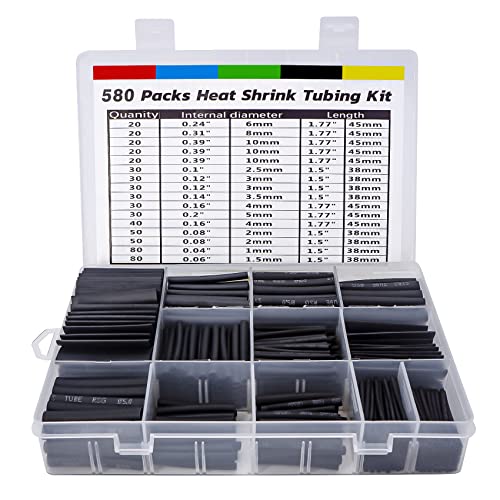 ASHINER Black Heat Shrink Tubing Kit - 580Pcs EVA Material in 11 Sizes - Ideal for Electrical Insulation, Repairs, and Wire Connectors with User-Friendly Design and Storage Case - color: Black