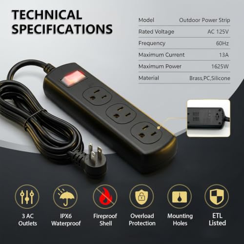 Outdoor Power Strip Weatherproof IPX6, Waterproof Surge Protector with 3 Wide-Spaced Outlets, Flat Plug Heavy Duty Extension Cord for Garden Patio Garage, Wall Mountable, 13A 1625W (Black, 3FT) - size: 3FT