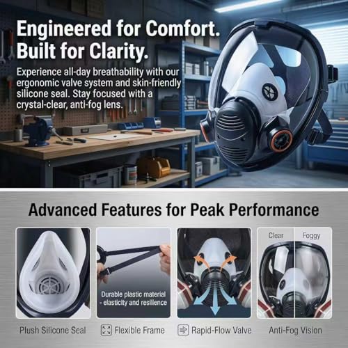 Spherical Wide View Full Face Respirator with Built-in Microphone, Reusable Anti-Fog Silicone Full Face Gas Mask, Dual Air Inlets & Replaceable Filters for Spray Paint, Chemical, Sanding Protection