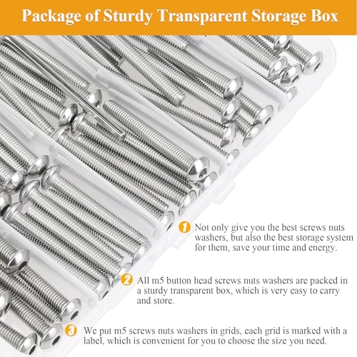 105 Pieces M5 x 30/35/40/45/50mm Button Head Socket Cap Screws Nuts Washers Set Silver, Sutemribor M5 Long Screws, M5 Stainless Screws Nuts Washers Assortment Kit, 304 Stainless Steel, Fully Threaded - size: M5 Long Screws Kit, style: Button Head