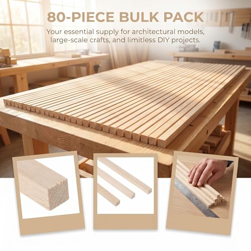 80 Pcs Balsa Wood Strips 1/4 x 1/4 x 12 Inch - size: 1/4 x 1/4 x 12 Inch