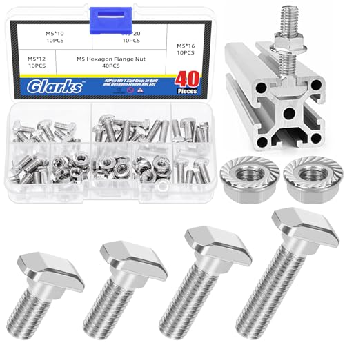 Glarks 80pcs M5 T Slot Drop-in Bolt with Hexagon Flange Nut Set, 10/12/16/20MM Hammer Head T-Bolt, T Shape Stud Sliding Screw, T Screw Stud for European Standard 20 Series Aluminum Profile - size: M5