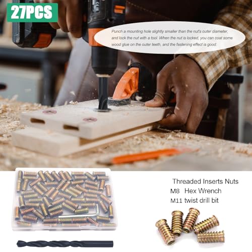 Twidec/27PCS 5/16"-18 Threaded Inserts for Wood Furniture Screw-in Nut Wood Inserts Bolt Assortment Kit with M8 Hex Wrench (5/16"-18 x25mm) - size: 5/16"-18 x 25mm (27 PCS)