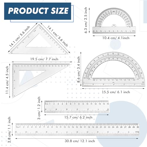 Tenare 6 Pcs Math Geometry Ruler Straight Protractor Triangle, Clear - color: Clear