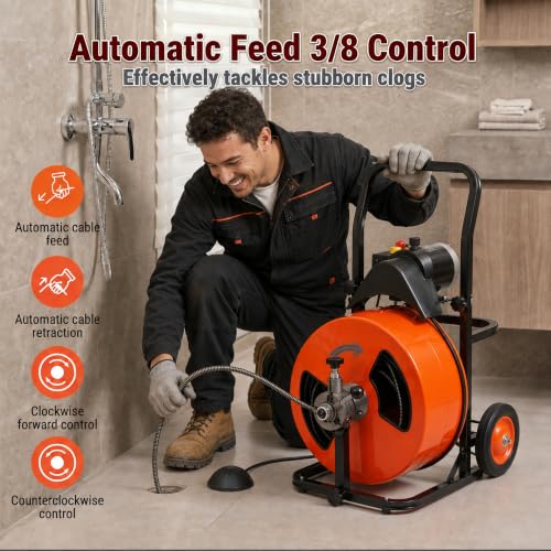 HoldwellS 100FT 3/8 Inch Drain Cleaner Machine, Upgraded Electric Feed Sewer Snake, Wheeled Telescopic Portable Drain Cleaner with 4 Cutters & Air-Activated Foot Switch for 2" to 4" Pipes - color: 100FT x 3/8inch (Auto Feed)