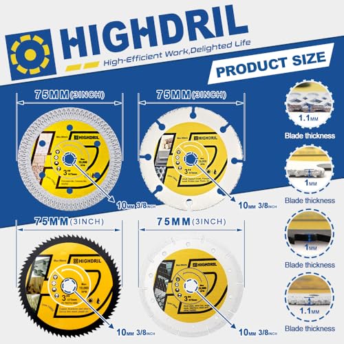 HIGHDRIL 3" 75mm Circular Saw Blade Set 4pcs - Diamond/HSS/Carbide Cutting Disc for Angle Grinder Cutting Porcelain Tile Ceramic Marble Granite Wood Plastic Metal - size: MIX 2