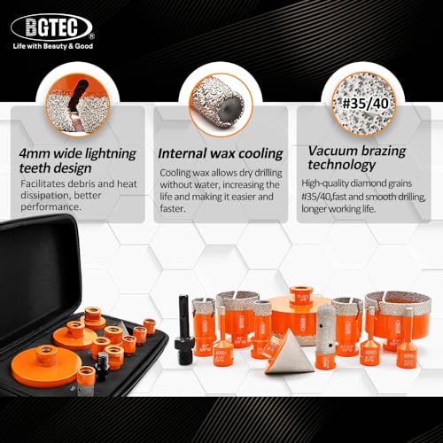 BGTEC Diamond Hole Saw Kit Marsonry Drill Bits,5/8-11 Thread 12pcs 6/6/8/20/25/35/50/75/100mm Drill Bits+20mm Milling Finger Bit+2" chamfering Bit+SDS for Granite Marble Porcelain Tile Ceramic - size: 12 pcs - 6/6/8/20/25/35/50/75/100mm, style: Flash Toot