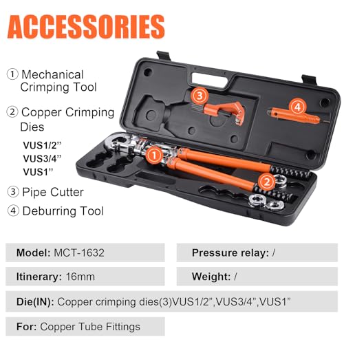 HZLZRZ Copper Pipe Crimping Tool Kit, 3 Die Set for 1/2" 3/4" 1" Pipes, Pro Press Style Crimper with Pipe Cutter, Handheld Pipe Crimper Tool for Plumbing (MCT-1632)