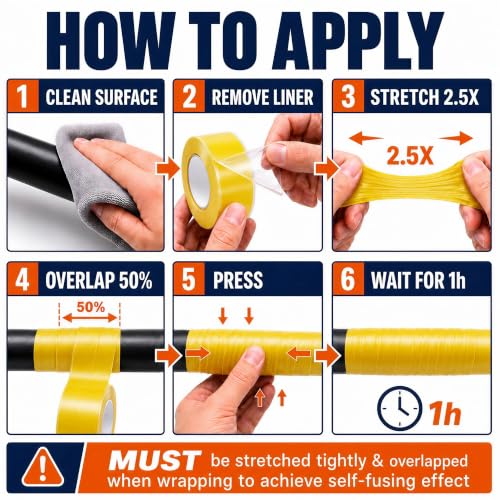 Self Fusing Silicone Tape 2 Rolls Emergency Plumbing Repair 1 In x 10 Ft - color: Yellow