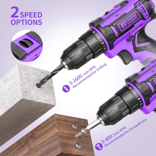 20V Cordless Drill with Battery and Charger, 3/8'' chuck, Purple - color: Purple