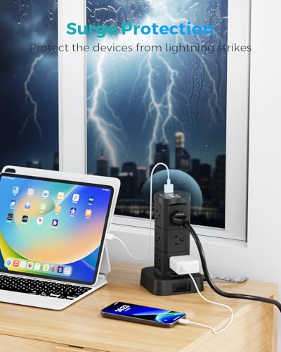 Charging Station Tower, Power Strips with Surge Protection, Flat Plug - color: Black, size: 6 FT