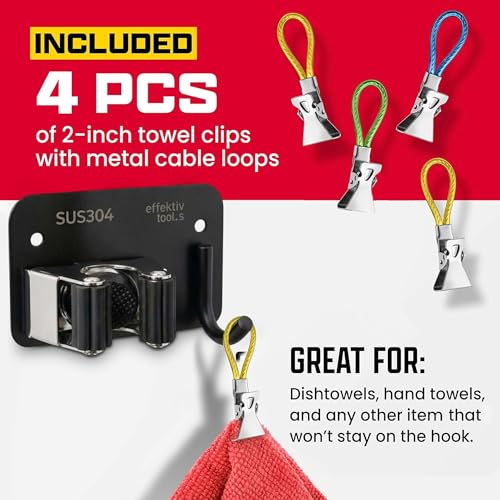 4 Pack Wall Mount Hanger for Brooms & Mops - Heavy Duty Adhesive SUS304 Stainless Steel Broom Holder with 1 Clamp, 1 Hook, & 4 Towel Hangers for Small Nooks & Utility Closet Organization - color: 4 Pack - 1 Clamp