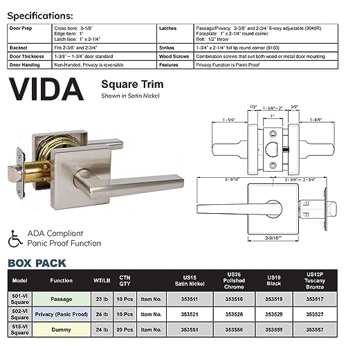 Delaney Vida Passage (Hall/Closet) Door Lever w/Square Trim Matte Black