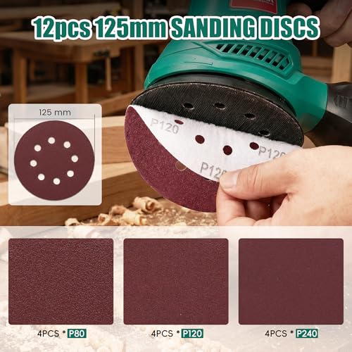 HYCHIKA 5-Inch Random Orbital Sander, 13000RPM Electric Palm Sander with 6 Variable Speeds, Powerful Motor, 12PCS Sandpapers and Efficient Dust Collection Bag, for Woodworking, Finishing and Polishing