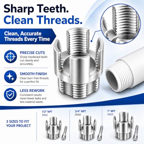 3PCS PVC Pipe Threader Kit – Dual Internal & External Thread Cutting Tool for 1/2", 3/4", 1" Pipes – Premium Carbon Steel, Drill Compatible, DIY Plumbing & Water Pipe Repairs