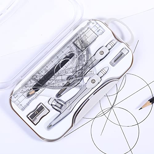 Unjoo Geometry Set 10 Pcs Student Supplies, Protractor and Compass (Grey） - color: Grey