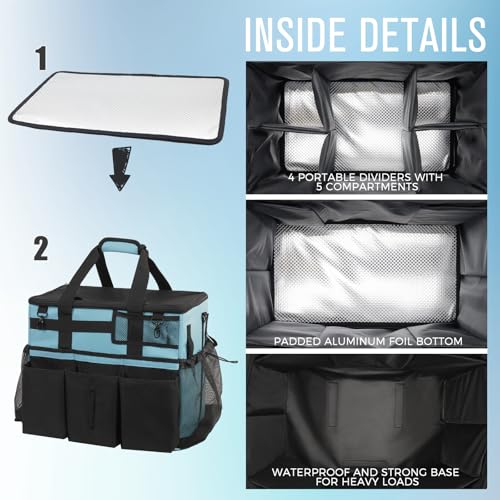 SCAVATA Rolling Cleaning Caddy Bag with Detachable Trolley, Large Cleaning Supplies Organizer with Wheels, Multi Pocket Cleaning Cart with Adjustable Shoulder Strap for Housekeepers & Home, SkyBlue - color: Skyblue